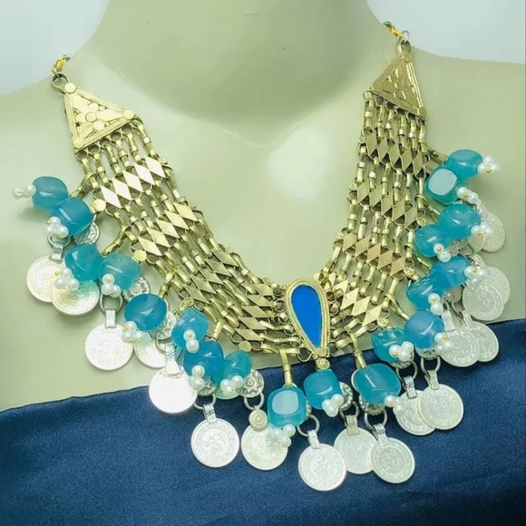 Turquoise Stone Coin Choker: Handmade Vintage Tribal Necklace - Picture 3 of 9